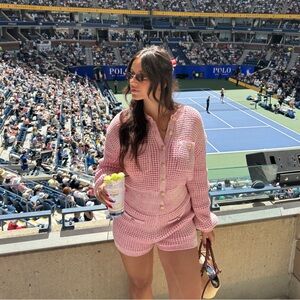 REVOLVE Pink Waffle Knit Button-Front Sweater